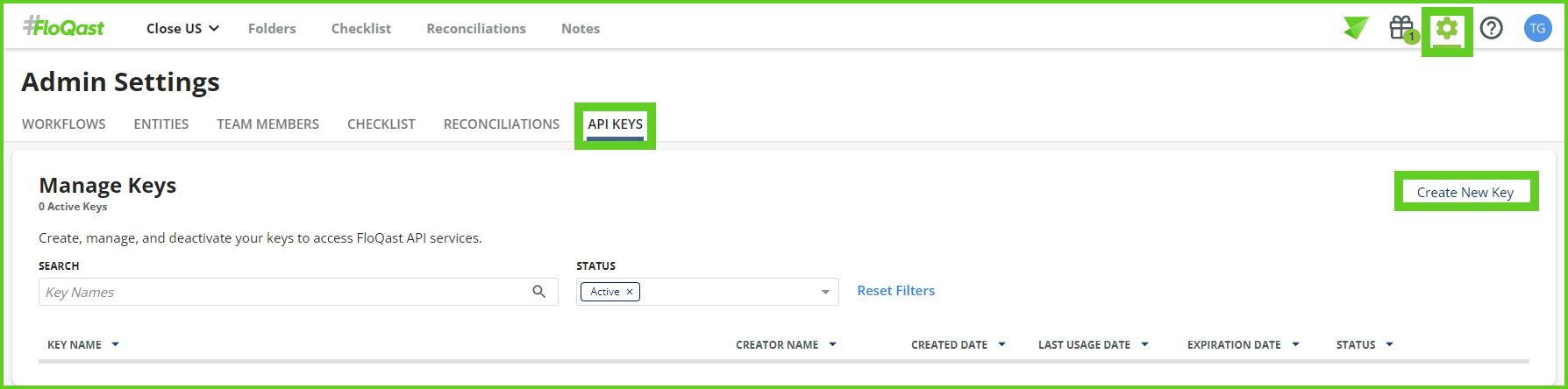 API Key Admin Settings