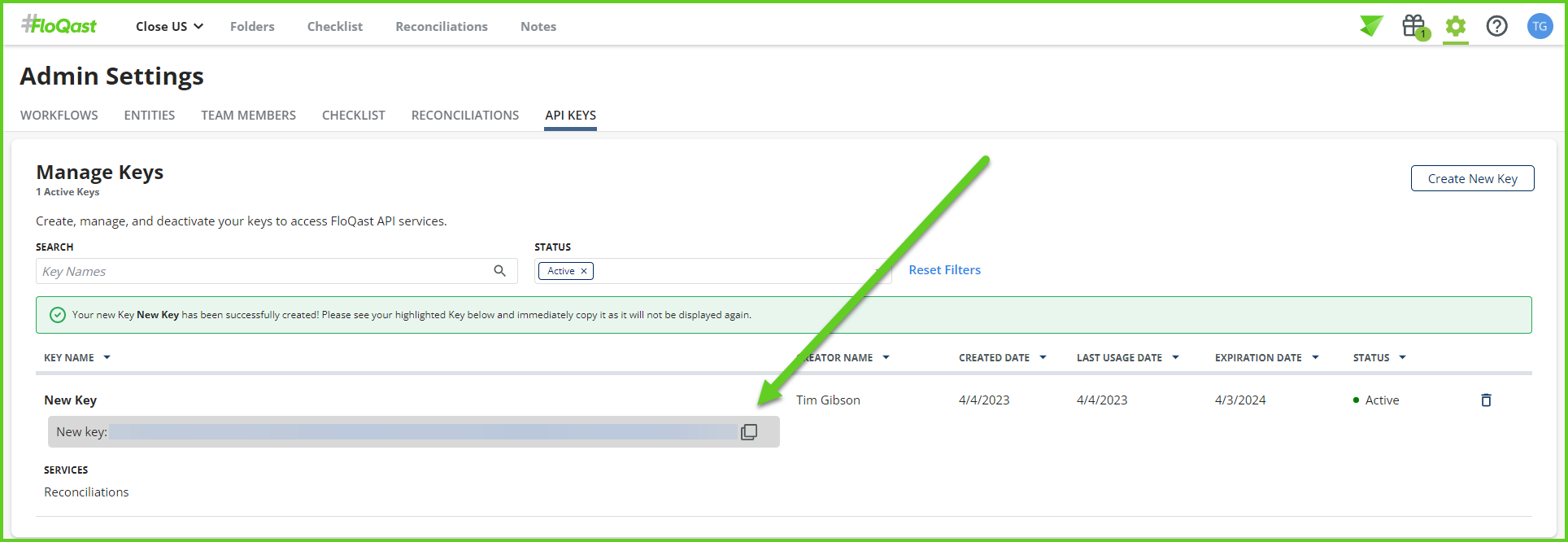 Newly created API key