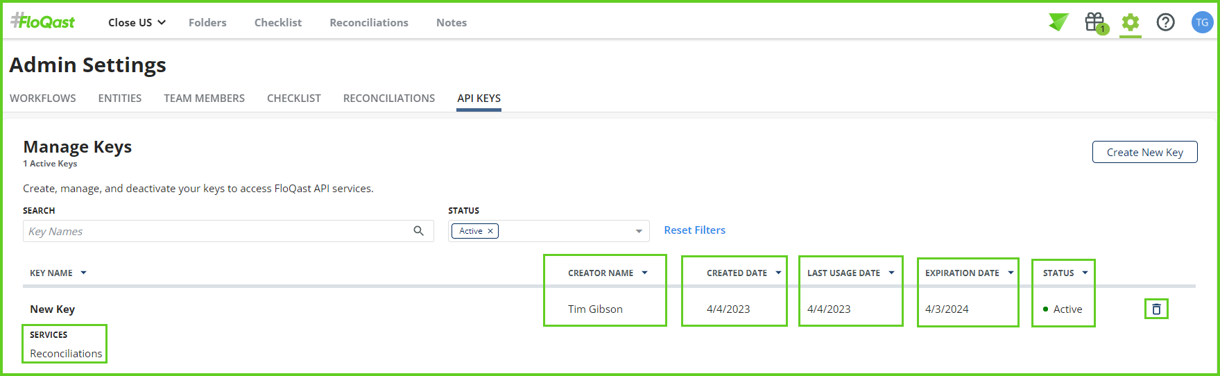 API Key Admin Settings