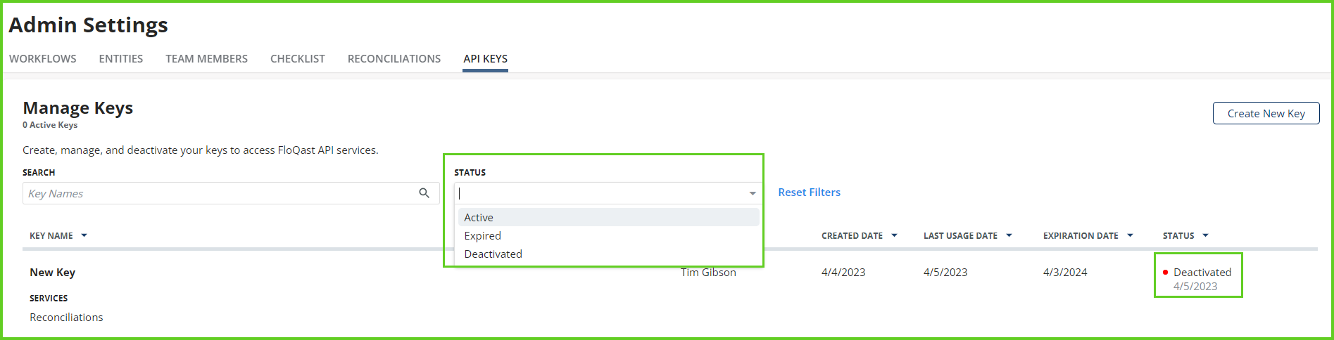 API Key Admin Settings